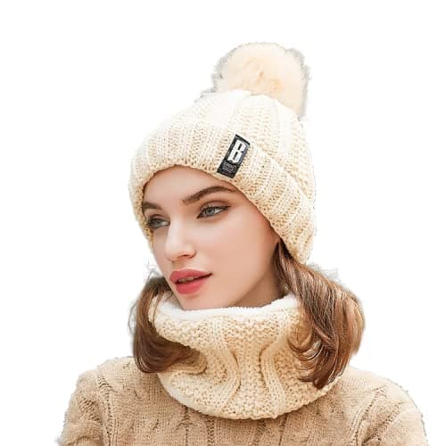 Sikander® - Winter Soft Warm 1 Set Snow Proof Ball Cap (Inside Fur) Woolen Beanie Cap with Scarf for Women Girl Ladies Beige Color