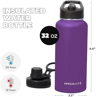 HYDRATE Insulated Stainless Steel Water Bottles 32 oz - Sports Bottles with Strap - Silicone Plastic Gym Drinking Flask - Slim Tumbler with Chug and Straw Lid - Thermal Water Bottle - Dark Purple