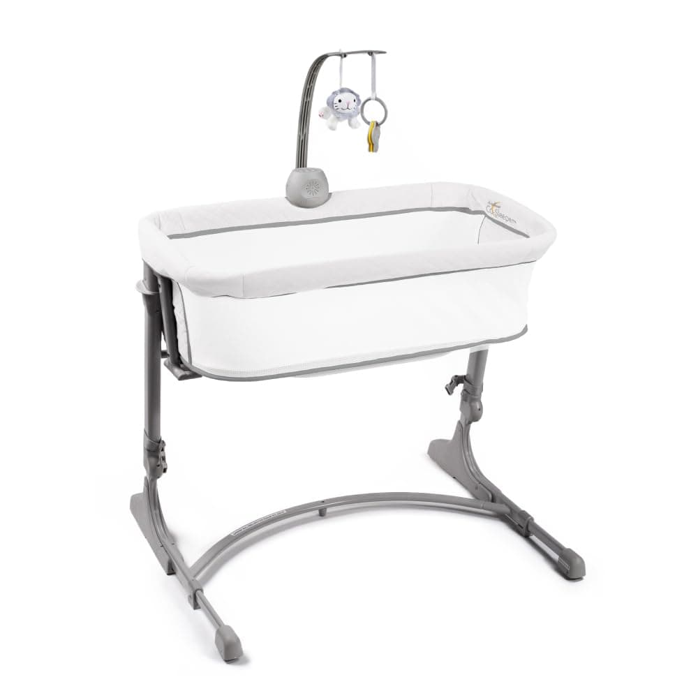 Arm’s Reach Versatile Co-Sleeper Bedside Bassinet Featuring Height-Adjustable Legs with Adjustable Feet, Mobile with Plush Hanging Toy, and Music Box with 5 Tunes, Ivory/Gray w/Quilting