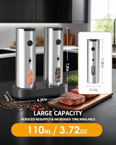 CIRCLE JOY Rechargeable Electric Salt and Pepper Grinder Set, 2-speed Stainless Steel Automatic Pepper Mill Grinder w/Charging Base, Adjustable Coarseness, LED Light, 110ml Large Capacity Top Fill