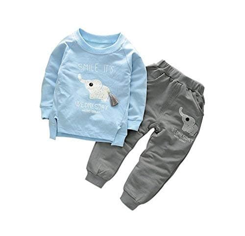 Bold N Elegant Sky Blue n Grey Cute Elephant Tail 2pc Baby Boy Girl Clothing Set Wednesday Smile Ganesha Full Length Set Tshirt Pant Set for Infant Toddler Kids