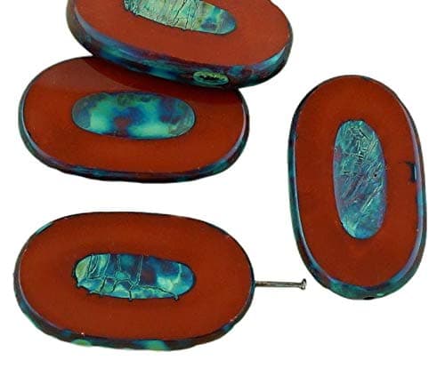 2pcs Picasso Brown Large Flat Oval Table Cut Carved Czech Glass Beads 26mm x 15mm