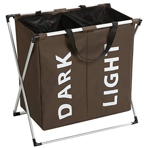Marble Field Laundry Hampers X-Frame Double Laundry Basket 2 Section Oxford Dirty Laundry Hamper Sorter Aluminum Frame Foldable Waterproof Bags with Handles Brown
