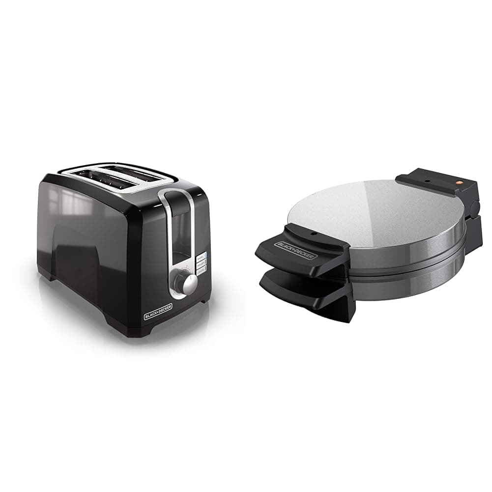 BLACK+DECKER 2-Slice Toaster, T2569B, Extra Wide Slots, 6 Shade Settings, 850 Watts, Crub Tray & Belgian Waffle Maker, Stainless Steel, WMB500,Silver