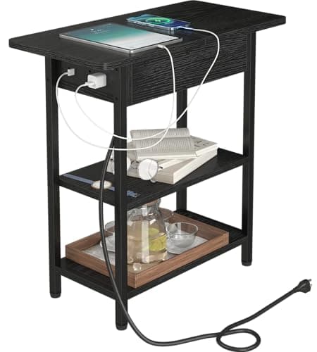 Yusong End Table with Charging Station, Narrow Couch Side Table with USB Port & Outlet, Flip-top Nightstand Bedside Table with 3 Shelves for Small Space in Living Room Bedroom, Black Oak