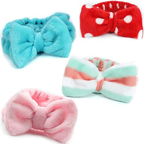 (3 PACK + BONUS) Plush Elastic Stretchy Spa Headband for Face Mask, Makeup, Face Wash - Universal Fit - Machine Washable Ultra Soft Bow Facial Head Wrap - w/ Detachable Bow