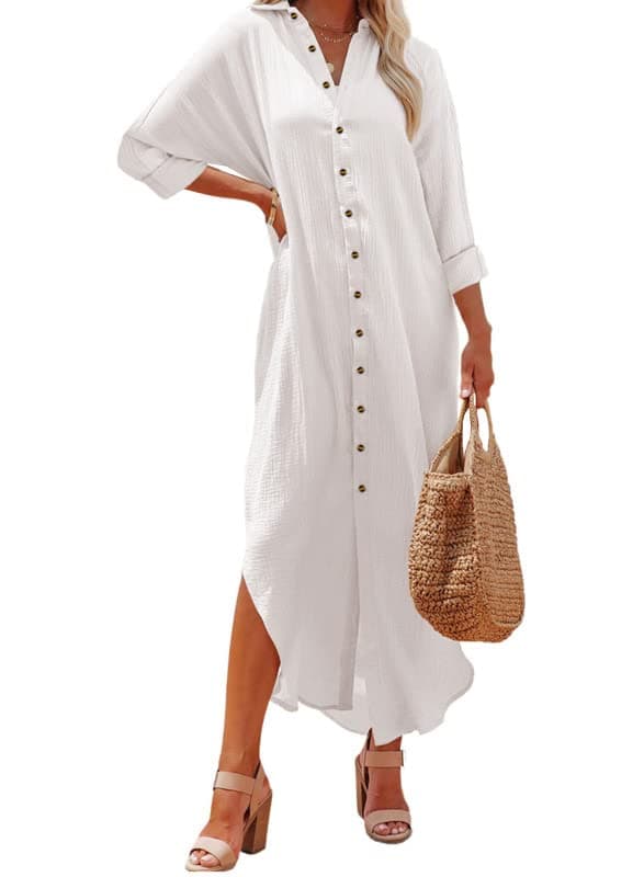 DokotooWomen Elegant Casual Summer Spring Button Down Front Long Sleeve Maxi Dress Long Cardigan Cover Ups Shirt Dresses