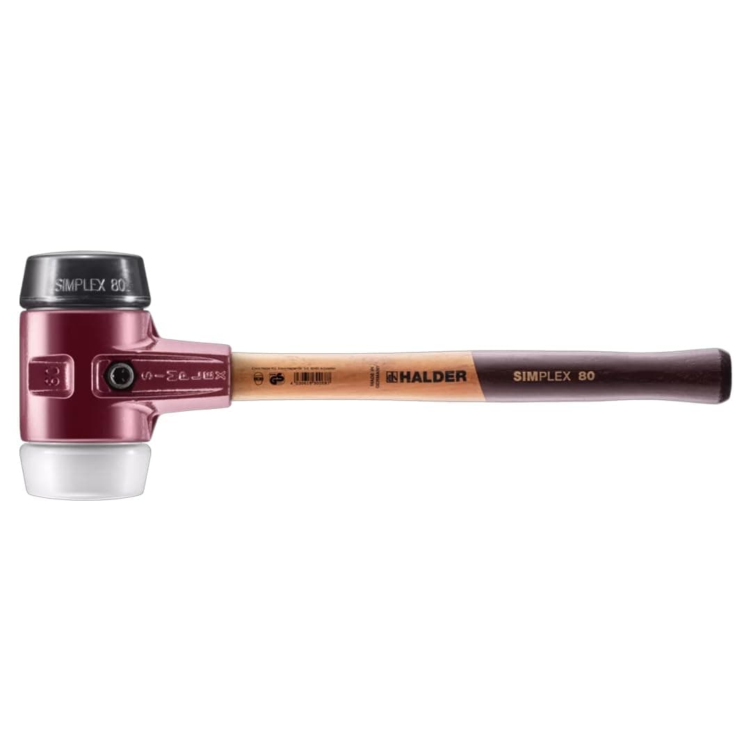 Halder Simplex Soft-Faced Mallet 3027.080 - Medium-Hard Rubber Insert, Hard Superplastic Insert, Cast Iron Housing with Handle Protection Sleeve, Varnished Wooden Handle, 80mm, 6.1 lbs.