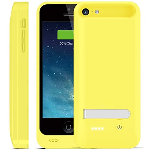 iPhone 5C/5S/5/SE Battery Case, iFans [Apple MFi Certified] 2400mAh Ultra Slim Extended Protective iPhone 5C Battery Charging Case, Rechargeable Back up Battery Pack Power Bank for iPhone 5/5S/5C with Kickstand Built-in Micro-USB Charging Port and 8 Pin Lightning Connector Fits all models of iPhone 5/5s/5c / No Signal Reduction / Compatible with iOS 8+ & Apple Pay-- (Yellow)
