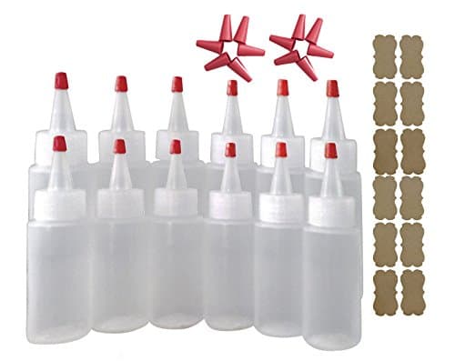 SanDaveVA Brand 24 2oz Versatile Plastic Highly Squeezable LDPE Bottles w/Yorker Caps Kraft Labels & 12 Long Replacement Caps Cake Decorating Condiment Paint Glue
