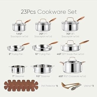 CAROTE 23pcs Tri-Ply Stainless Steel Cookware Set, Pots and Pans Set, Non Toxic Induction Kitchen Cooking Sets, Cookware Collection, Mirror Polish, Silver