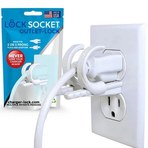 Lock Socket Adjustable Outlet Cover Lock - White | Anti-Theft, Child-Safe Plug Lock | Secures 2 or 3 Pronged Plug & Adaptors, Includes Security Screw & Allen Wrench | Secures Most Cords | Made in USA