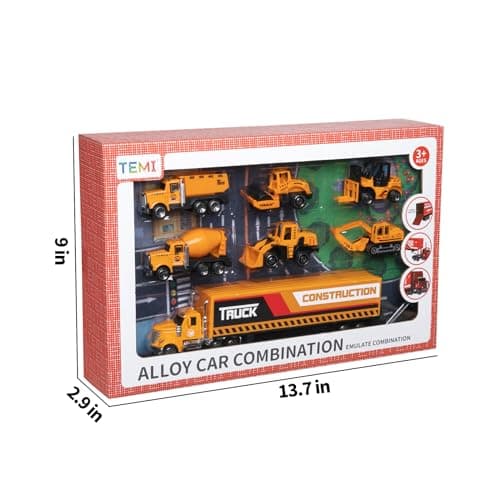 TEMI Diecast Engineering Construction Vehicle Toy Set w/ Play Mat, Truck Carrier, Forklift, Bulldozer, Road Roller, Excavator, Dump Truck, Tractor, Alloy Metal Car Play Set for Kids, Boys & Girls