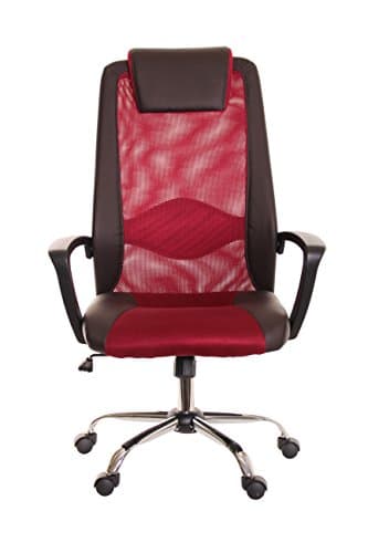 TimeOffice High Back Leather & Red Mesh Office Task Chair With Arms, Air Grid Dark Back Lumbar Support & Brown Leather Seat, Executive Ergonomic Computer Swivel Chair, PU Leather Headrest - Red/Brown