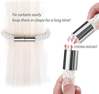 NICEEC 4 Pack Strong Magnetic Curtain Tiebacks Modern Simple Style Drape Tie Backs Convenient Decorative Weave Rope Curtain Holdbacks for Thin or Thick Home & Office Window Draperies (Silver White)