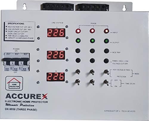 Accurex DX-9050 Three Phase Home Voltage Protector (Grey) for Entire Home/Office 32 Amps