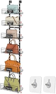 ハンギングパース ハンドバッグオーガナイザーラック ネームプレート付き ドアの上から着脱可能なバッグ収納ラック - 1/2パーツとして使用可能 壁に取り付けられる調節可能なバッグラック ステッカー&テープ付き
