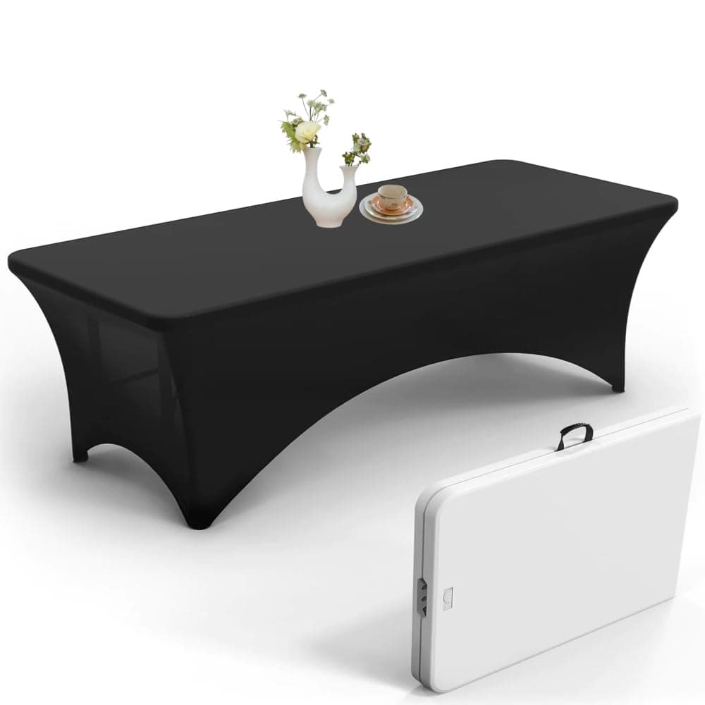 UrbyElastic Table Clothes For 8 Foot Rectangle Tables Fits 8ft Folding Tables From Lifetime, COSCO, Mainstays and Others. Heavy-duty Stretchy Wrinkle Resistant Spandex. Black.