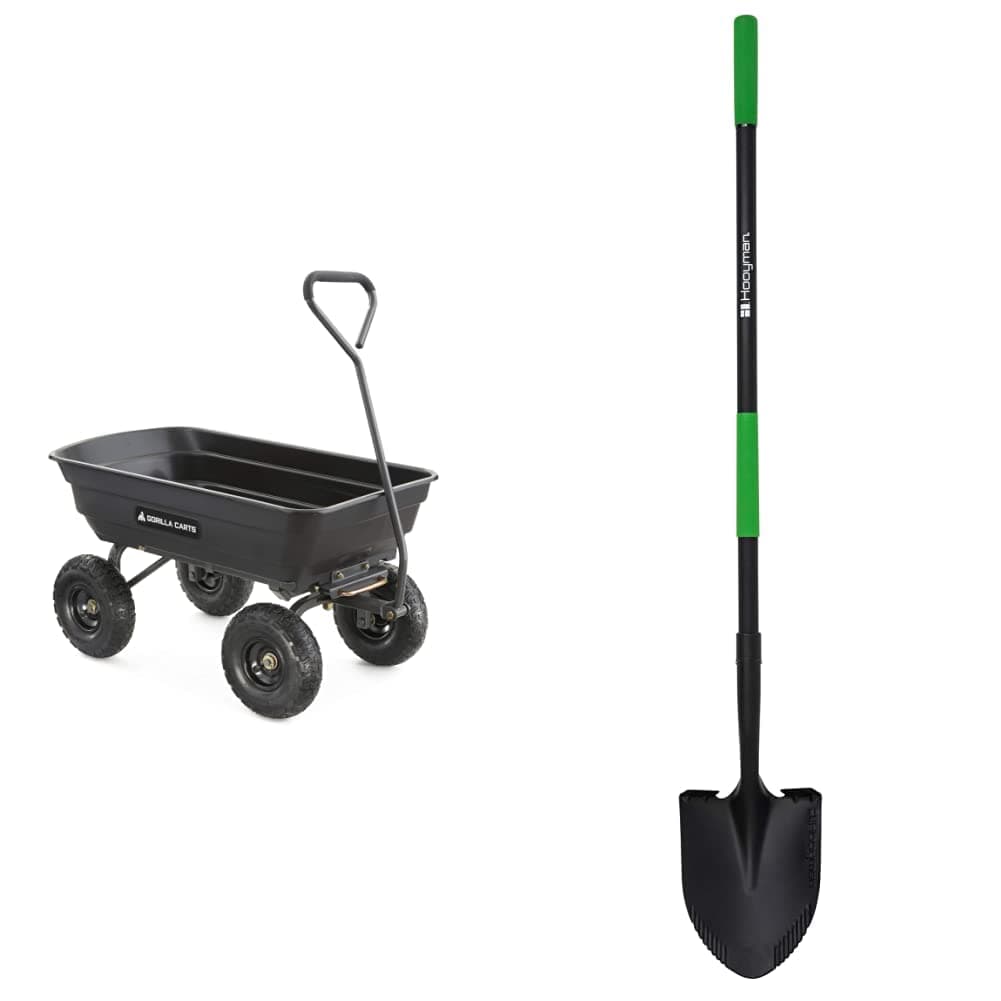 Gorilla Carts GOR4PS Poly Garden Dump Cart, 600-Pound Capacity, Black & Hooyman Shovel with Heavy Duty Construction, Ergonomic Non-Slip Handle and Oversized Steps