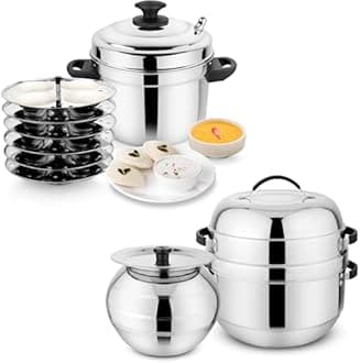 Prabha 6 Plate Idli Makers & Thermal Rice Cooker 1.5 kg | Fast Heat Cook N Serve Delight Cooker Stainless Steel Rice & Noodles Cookers | Steamer idly Maker Cookware Serving Pot Choodarapetty Pot & Rubber Gasket