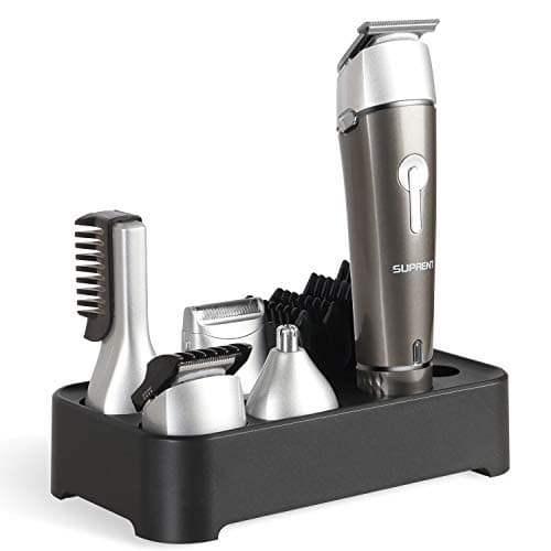 Upgraded SUPRENT Beard Trimmer Kit, 5 in 1 Multi-functional Groomer Kit of Mustache Trimmer, Nose Hair Trimmer and Precision Trimmer, Waterproof and Rechargeable Cordless (Gray)