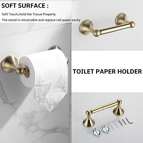 BGL Bathroom Hardware Set, Brushed Brass Adjustable Expandable Towel Bar 4-Piece Towel Ring Robe Hook Toilet Paper Holder Bathroom Accessory Set Wall Mounted