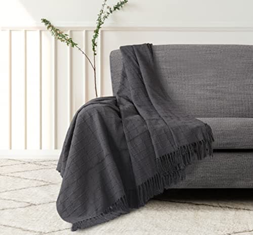 La Maison 100% Indian Cotton Large Batten Throwover Sofa Throw Bed Throw Woven Handloom Tassel Armchair Decorative Blanket (Charcoal, 127cm x 152cm / 50" x 60")