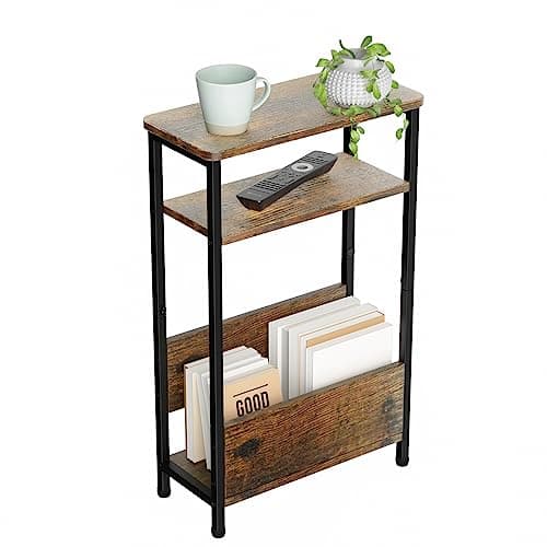 Side Table for Small Spaces 7.1" Wide 3 Tier Small End Table with Magazine Holder Slim/Skinny Nightstand/Bedside Table for Living Room Bedroom with Adjustable Feet 15.4" L x 24.25" H
