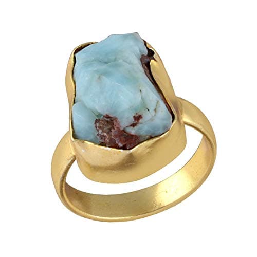 Krti HandicraftsBeautiful Yellow Gold Plated Raw Larimar Gemstone Stackable Ring
