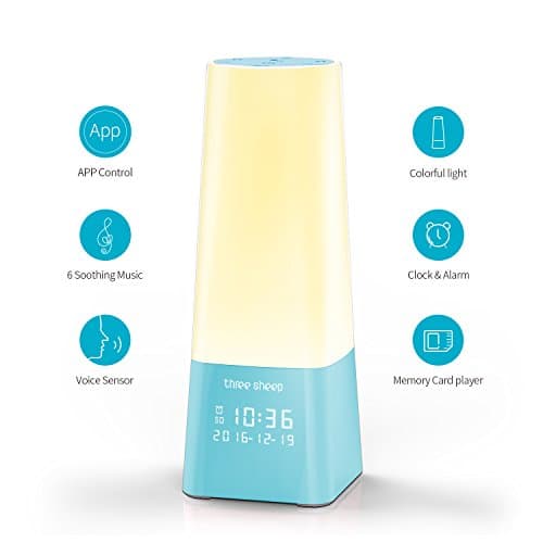 three sheep Bedside Lamp, 3 in 1 Sunrise Simulation Sleep and Wake Up Light with 24H Digital Calendar Alarm Clock, Support Micro SD Card (not include), Touch & APP Control, Gift for Kids and Friends
