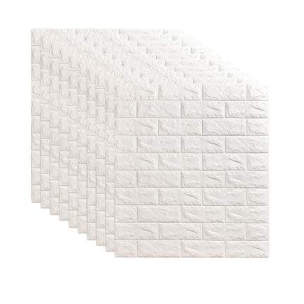 White 3D Self-Adhesive Wall Panels, 10 Pieces Brick Wall Sticker, Waterproof PE Foam 3D Wallpaper for Living Room, Background Wall and Office Decoration, 23.6" x 23.6" Inch.