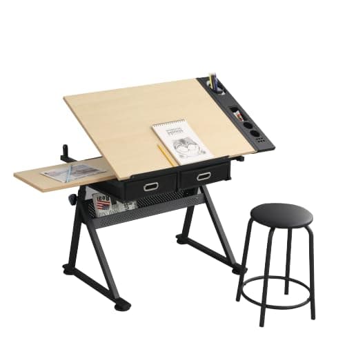 Kelligo Adjustable Drafting Table, Adjustable Drawing Drafting Table Desk with 2 Drawers for Home Office and School with Stool (White Oak)