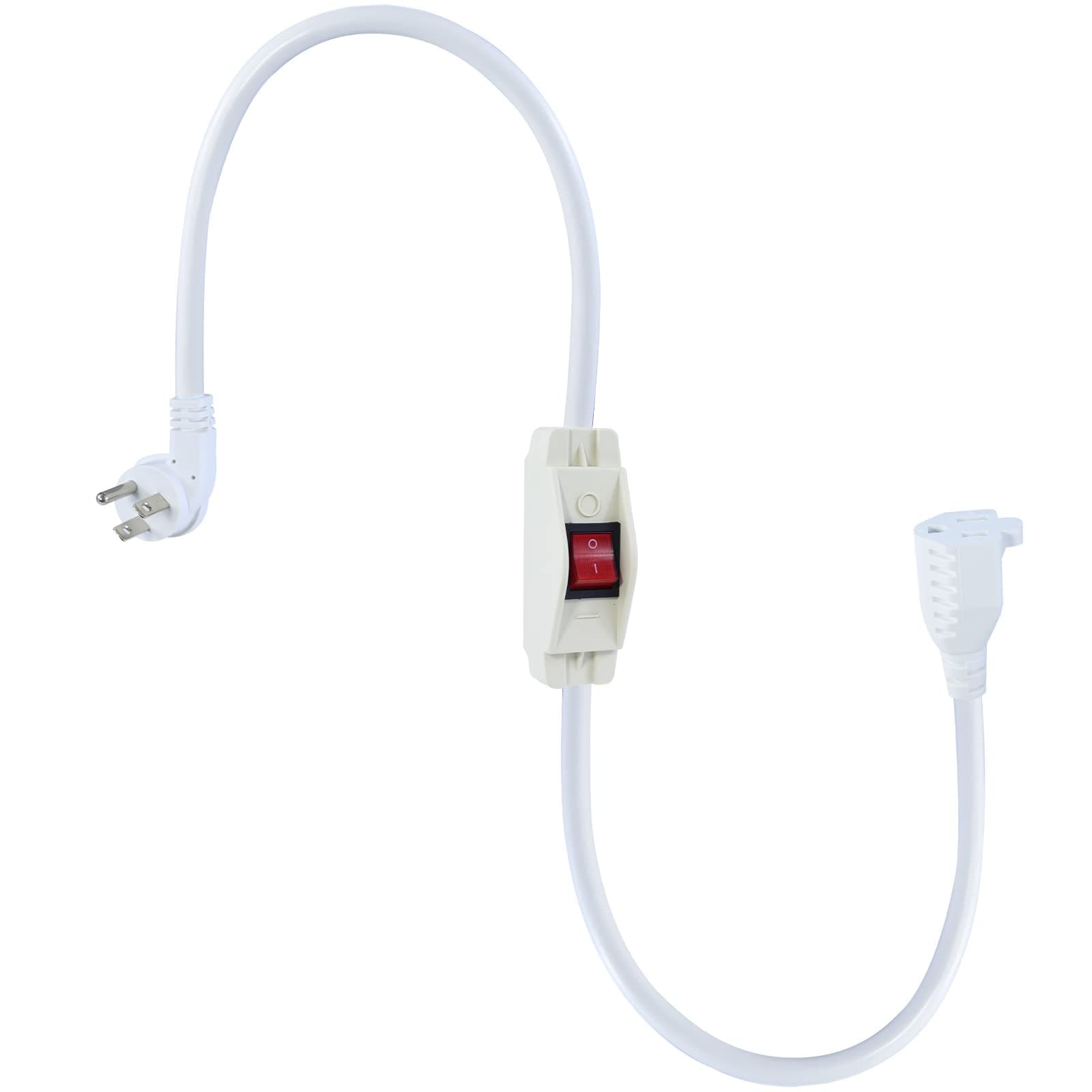 Short Power Extension Cord with On Off Switch - 2FT Flat Plug Short 3Prong Extension Cord with Inline Switch Waterproof, 1875W Heavy Duty White SJTW 14AWG Grounded 15A AC Electrical Extension Cord
