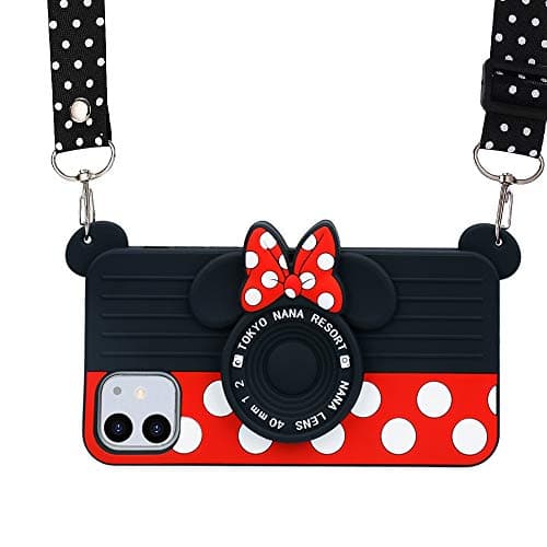 iPhone 11 Case with Strap, Umiko 3D Cute Lovely Soft Silicone Cartoon Disney Minnie Mouse Protective Case Camera Design Fashion Gift for iPhone 11 6.1 inch Teen Girls Kids Children Women