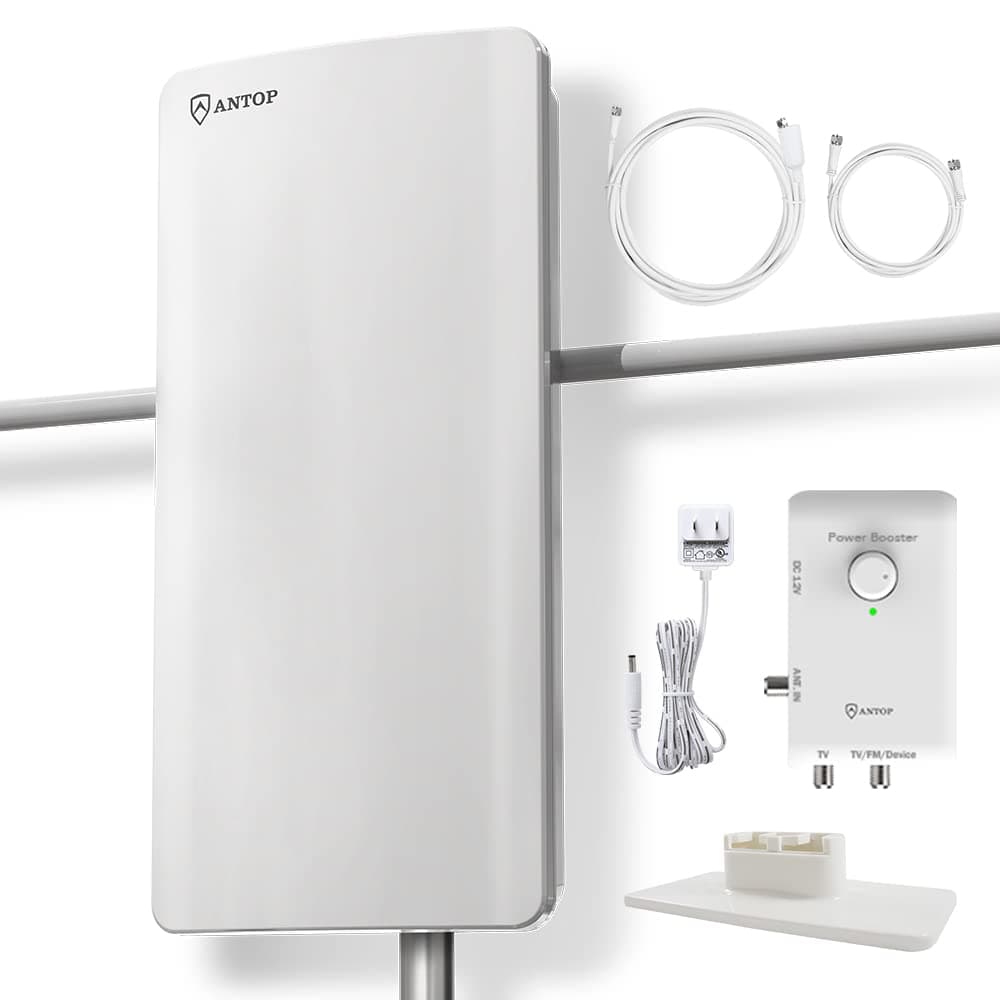 AT-800SBS HD Smart Panel Antenna with Smart Boost System, VHF Enhanced Amplified Indoor Outdoor TV Antenna，Support 2TVs or A Second Device