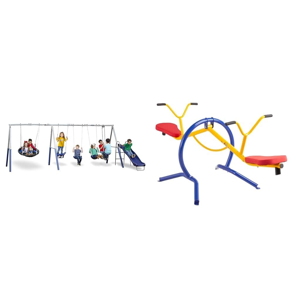XDP Swing Set with 9 Stations, Gray - includes Teeter-Totter Home Seesaw Playground Set, Multi Colored