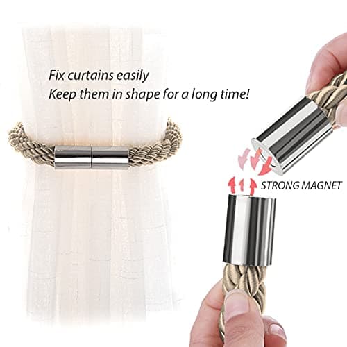 NICEEC 2 Pack Magnetic Curtain Tiebacks Modern Simple Style Drape Tie Backs Convenient Decorative Weave Rope Curtain Holdbacks for Thin or Thick Home & Office Window Draperies (Khaki)