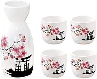 Melbify Japanese Sake Flower Blossom Design Set | 1 Pc Sake Bottle(180 ml) & 4 Pc Sake Cup(45 ml) | Traditional Craftsmen's Hand Painted Design | Tokkuri Carafe & Cups | Ceramic Serving Gift Set