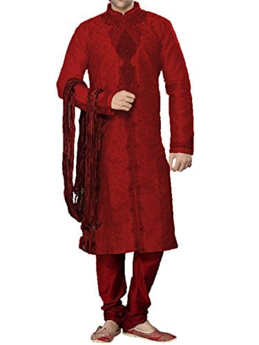 Three Piece Red Embroidered Poth Silk Sherwani (Customizable)