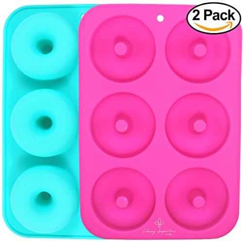 CULINARY INSPIRATIONS Silicone Baking Pans for Donuts (2 PCS, Pink/Turquoise, E-Recipe Included) | Premium Non-Stick Molds for Doughnuts, Bagels & Biscuits
