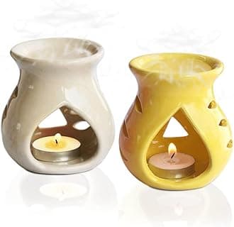 Pure Source India Ceramic Oil Burner Aroma Diffuser Set of 2 (Yellow & Off-White)