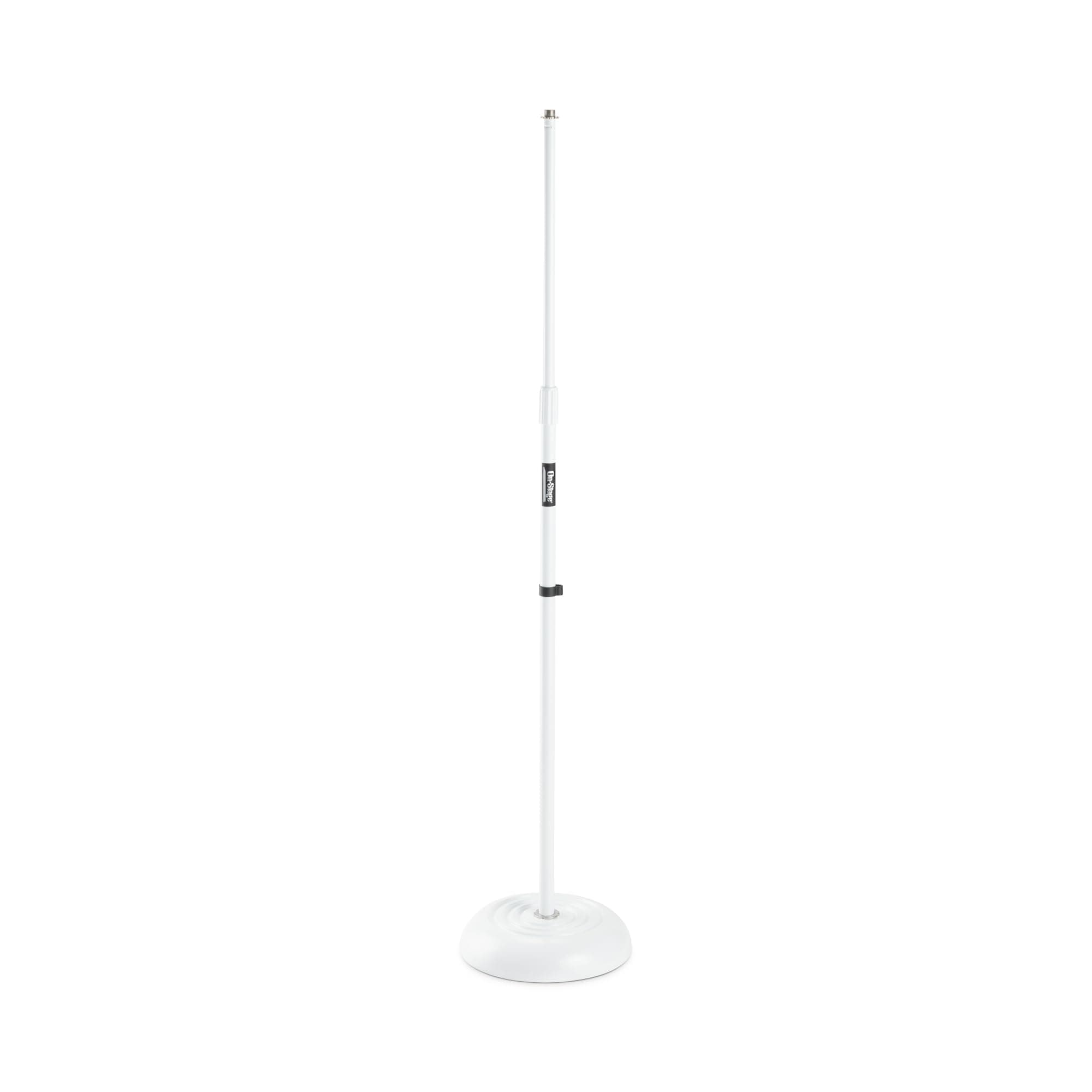 On-Stage MS7201W Round-Base Mic Stand (Supports Dynamic and Condenser Microphones, Height Adjustable 33"–60", Standard 5/8"-27 Threading, 7 lb, 10" Metal Base, Rubber Feet, Cable-Management Clip)