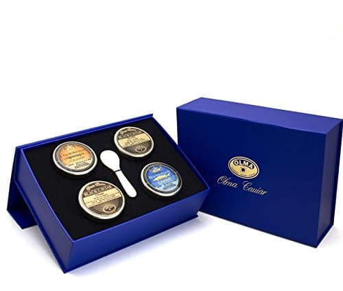 OLMA Four Seasons Black Caviar Gift Box - Includes 4 oz of Domestic Fish Roe - Bowfin, Piluga, Paddlefish & Hackleback Sturgeon - Mother of Pearl Serving Spoon - Overnight Delivery