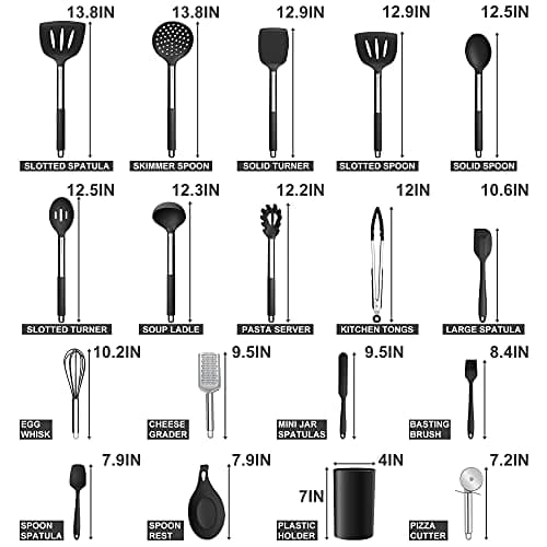 Silicone Kitchen Utensils Set, E-far 30-Piece Cooking Utensils Set with Holder, Heat Resistant Kitchen Spatulas Turner Tong Spoon Whisk Ladle for Nonstick Cookware, Stainless Steel Handle (Black)