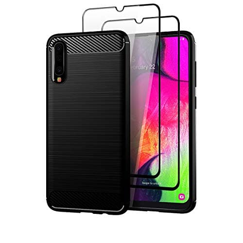 Teayoha Samsung Galaxy A70 Case with Tempered Glass Screen Protector [2 Pack], Carbon Fiber Scratch Resistant, Shock Absorption Soft TPU Drawing Protective Cases Cover for Galaxy A70 - Black