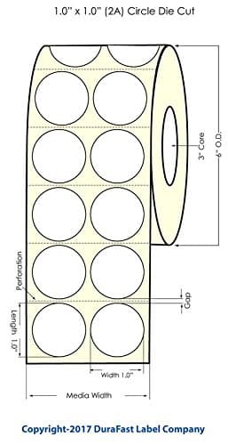 DuraFast Inkjet High Gloss Roll-Fed Paper 1" Circle (2 Across) Labels for Epson TM-C7500, TM-C7500G, Primera LX900, LX1000, LX2000 and Other Printer Brands, 4000 Labels/Roll on a 3" core