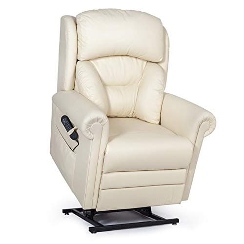 British Made Cullingworth Leather riser recliner chair with additional powered headrest and lumbar control (Lateral Support Backrest, Cream)