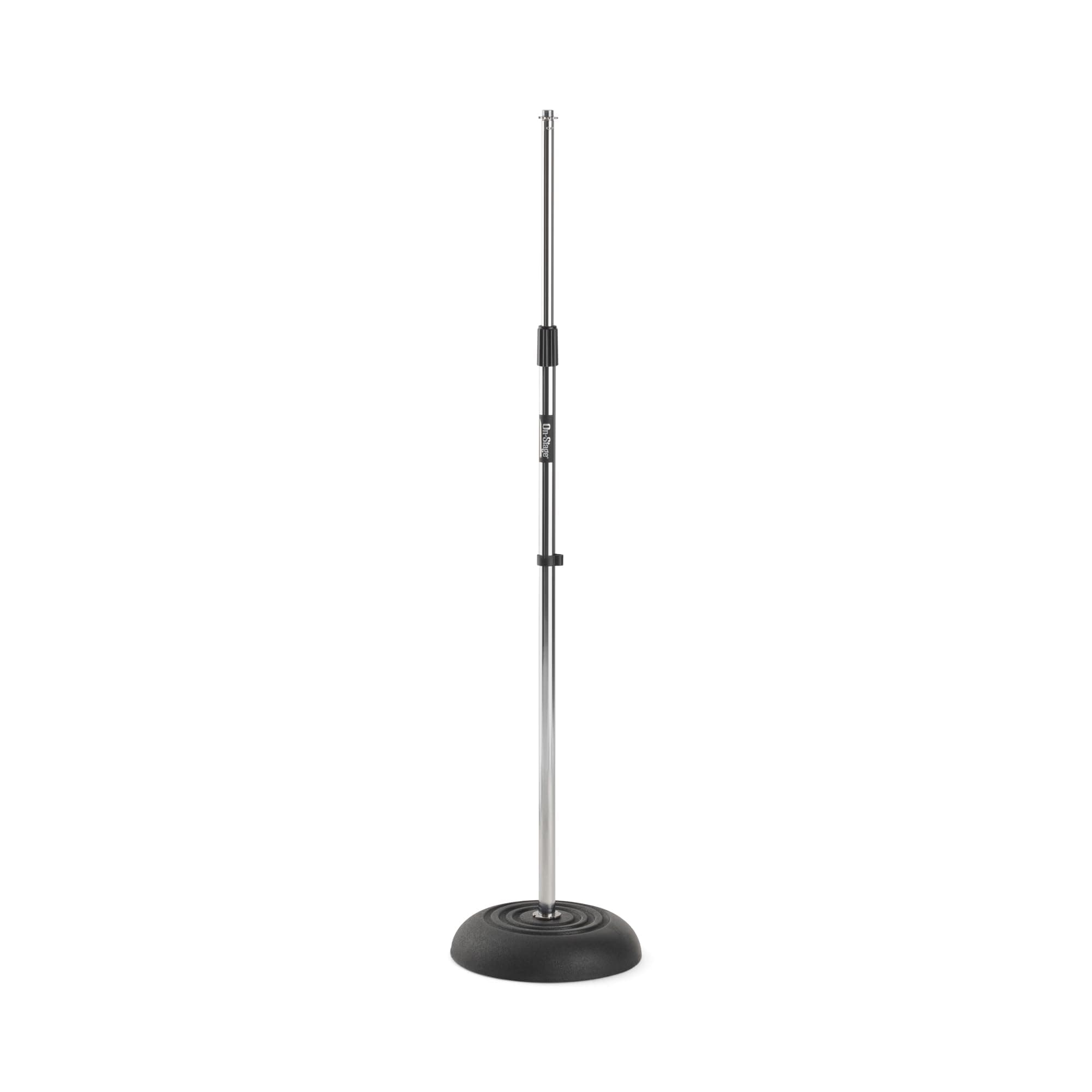 On-Stage MS7201C Round-Base Mic Stand (Supports Dynamic and Condenser Microphones, Height Adjustable 33"–60", Standard 5/8"-27 Threading, 7 lb, 10" Metal Base, Rubber Feet, Cable-Management Clip)
