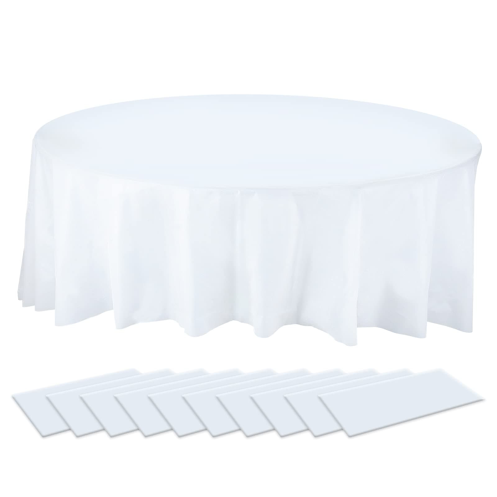 PLULON 10Pack Round Plastic Tablecloths White Table Cover 84 inch Waterproof PEVA Tablecloth Bulk for Birthday Wedding Picnic Home Party Table Decorations