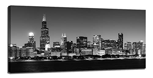 Yiijeah Canvas Prints Modern Wall Art,Abstract Black and White Chicago City Night Landscape Picture Print on Canvas,Large Framed Artwork Ready to Hang for Living Room Bedroom Wall Decor (24x48inch)